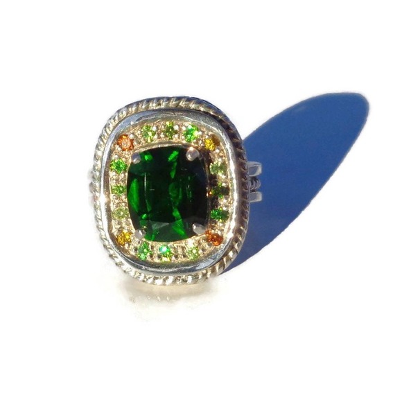 Unique Natural Chrome Diopside Ring With Demantoid Garnets Sterling Silver Sz 7 - Picture 3 of 10